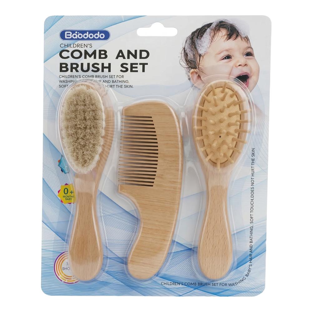 باودودو طقم مشط وفرشاة خشبي للأطفال – 1 طقم × 3 حبات