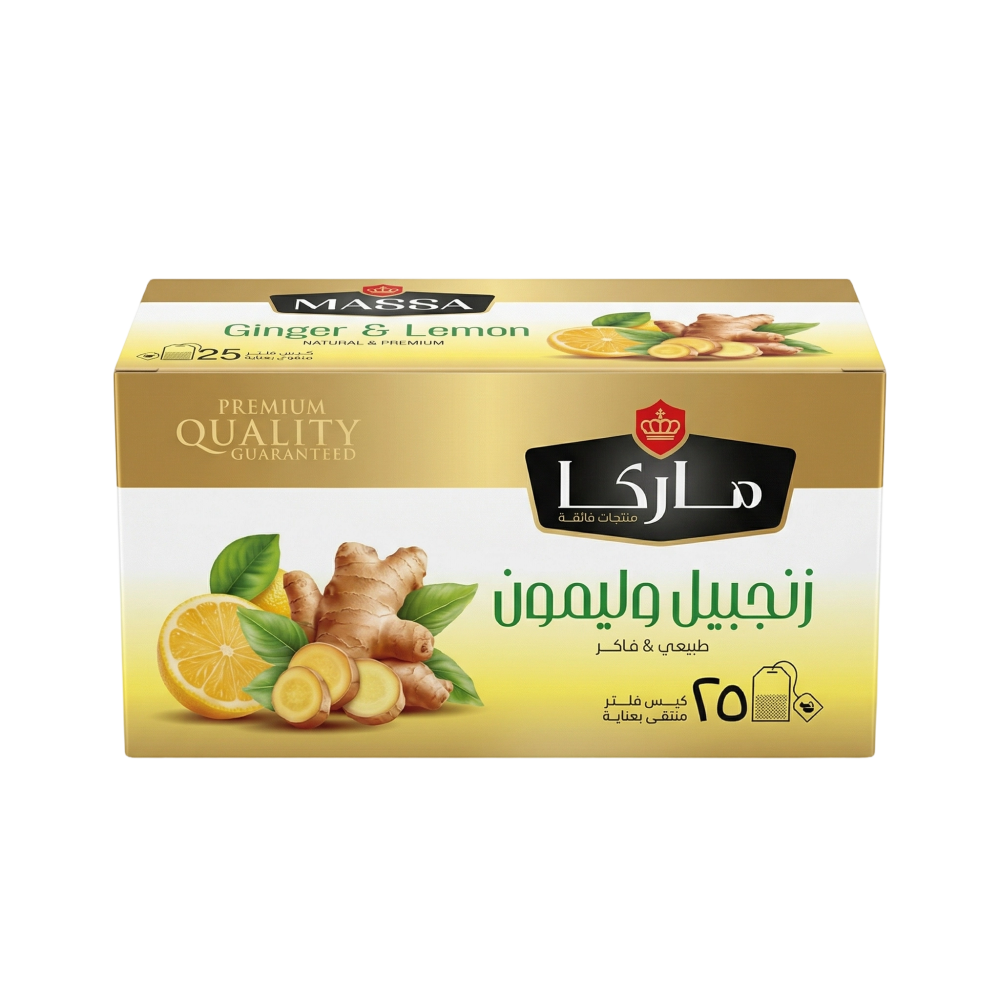 ماركا مشروب زنجبيل وليمون طبيعي وفاخر – 1 كرتون × 25 ظرف