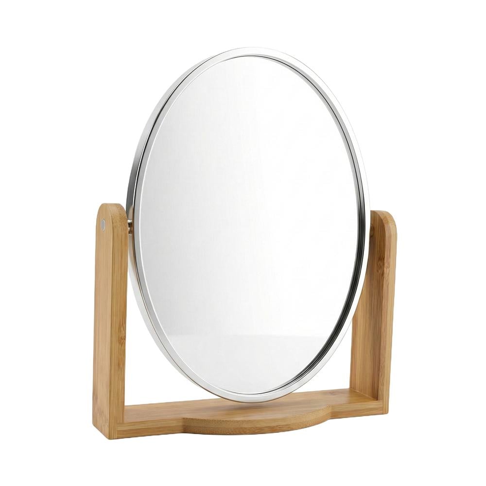 مرآة بيضاوي بإطار بلاستيك وقاعدة خشبية