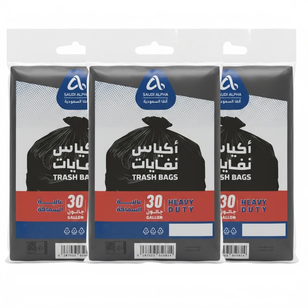 أكياس نفايات عالية السماكة من ألفا السعودية – 30 جالون × 3 شدات