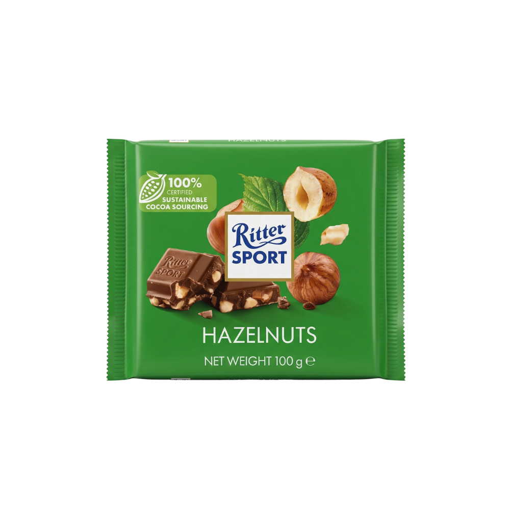 ريتر سبورت لوح شوكولاتة الحليب مع قطع البندق – 100 جرام