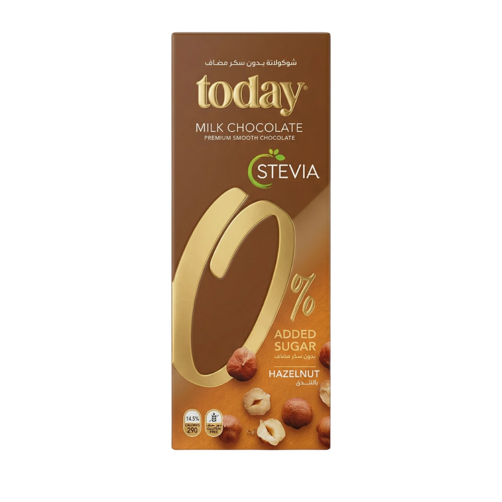 توداي ستيفيا لوح شوكولاتة حليب بالبندق بدون سكر مضاف – 60 جرام