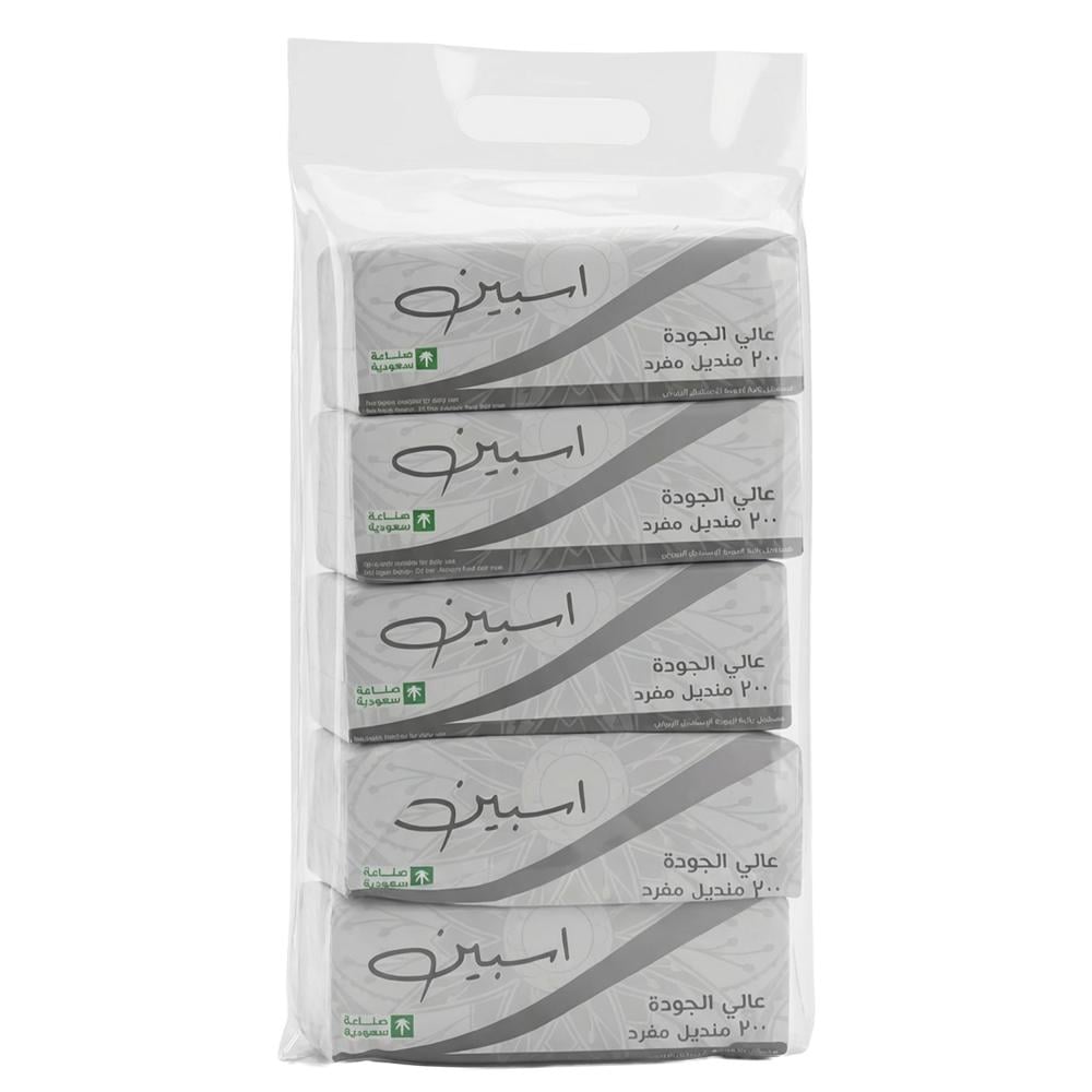 مناديل وجه ناعمة 200 منديل مفرد من أسبين – 5 حبات