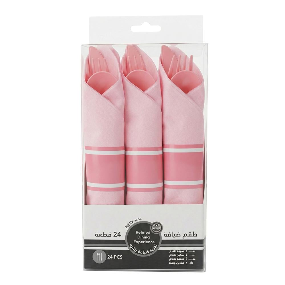 طقم أدوات مائدة بلاستيكية وردي مع منديل – 24 قطعة