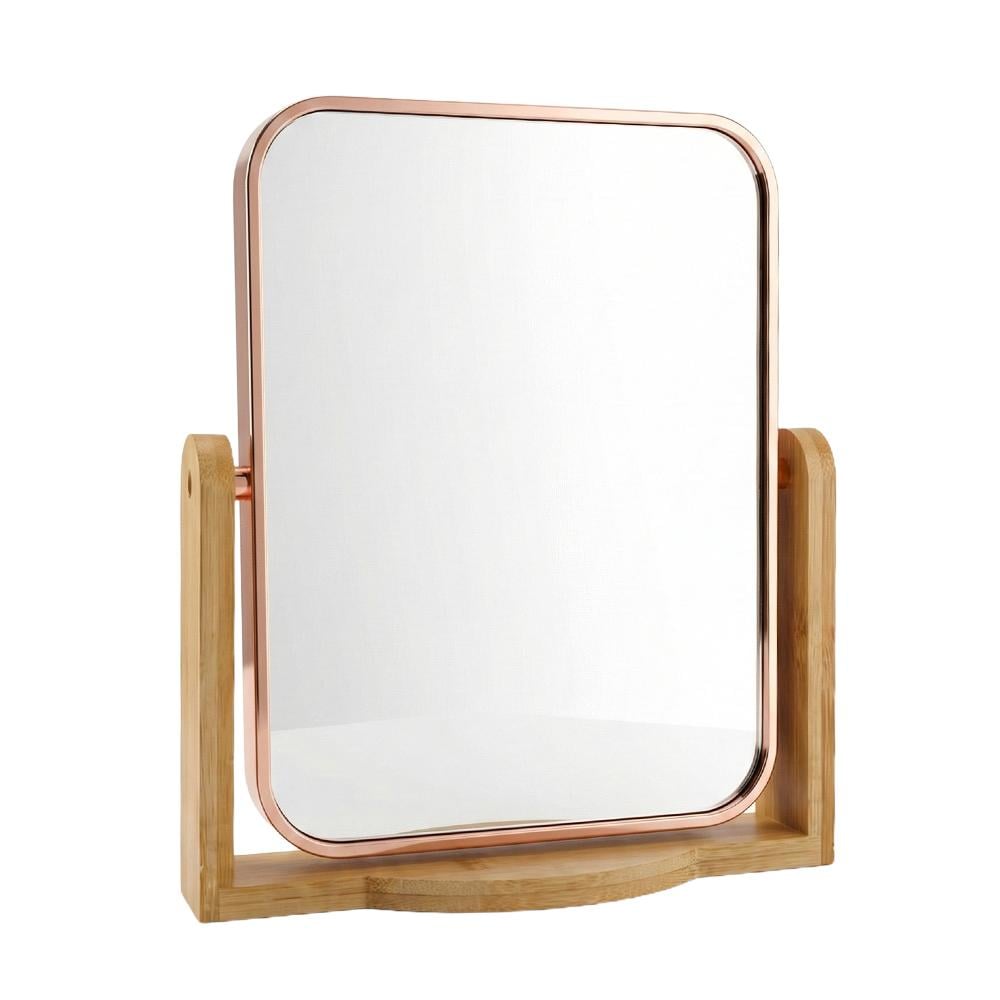 مرآة مستطيل بإطار بلاستيك وقاعدة خشبية