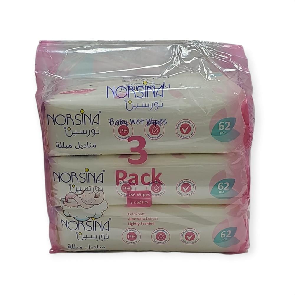 مناديل مبللة للأطفال – من نورسين – 3 عبوات × 62 منديل – وردي