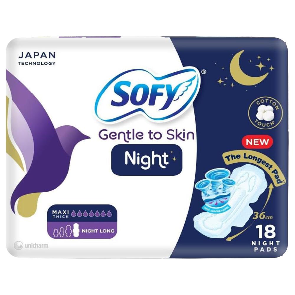 فوط صحية ليلية ماكسي سميكة لطيفة على البشرة من سوفي – 18 فوطة