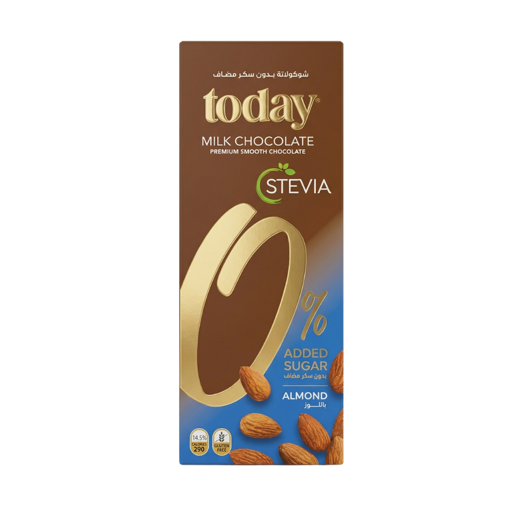 توداي ستيفيا لوح شوكولاتة حليب باللوز بدون سكر مضاف – 60 جرام