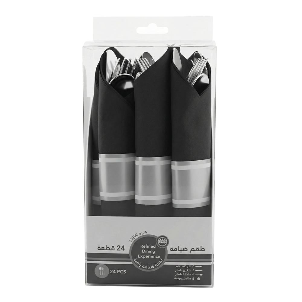 طقم أدوات مائدة بلاستيكية أسود مع منديل – 24 قطعة