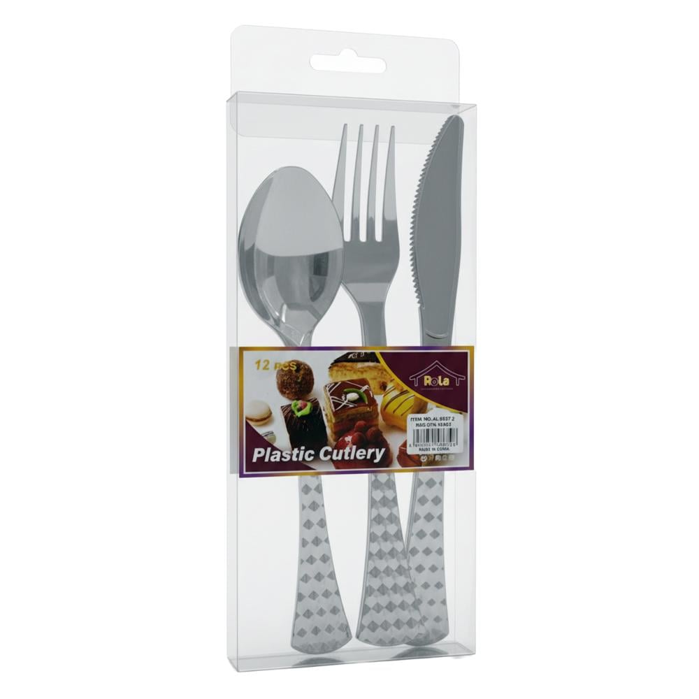 طقم أدوات حلا بلاستيك فضي - 12 حبة - 2- AL-5867