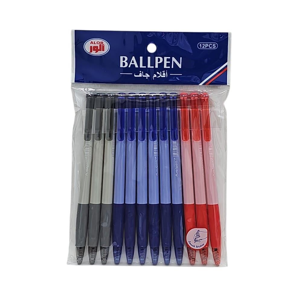 مجموعة أقلام جاف ALOR – 12 قطعة (أزرق، أسود، أحمر) | AL-9329-7