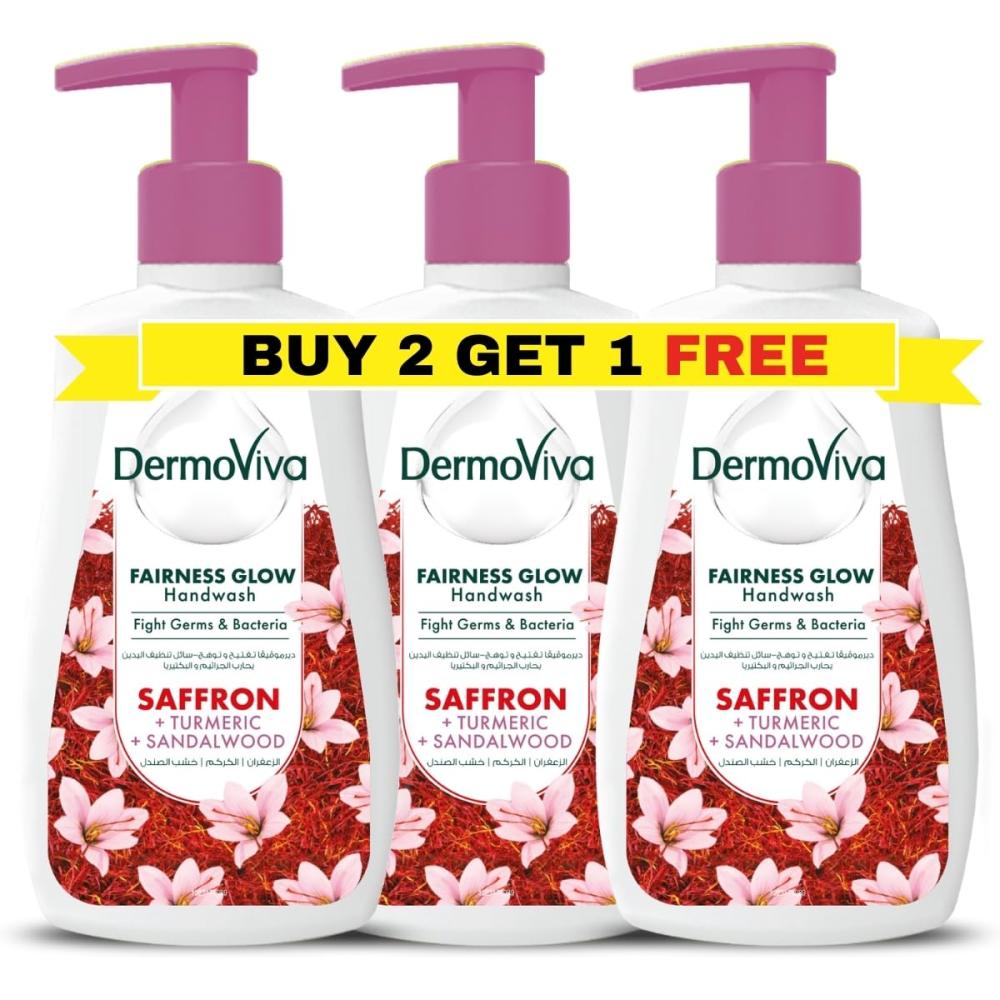 سائل غسيل اليدين من DermoViva - بخلاصات الزعفران والكركم وخشب الصندل (200 مل × 2 + 1 مجاناً)