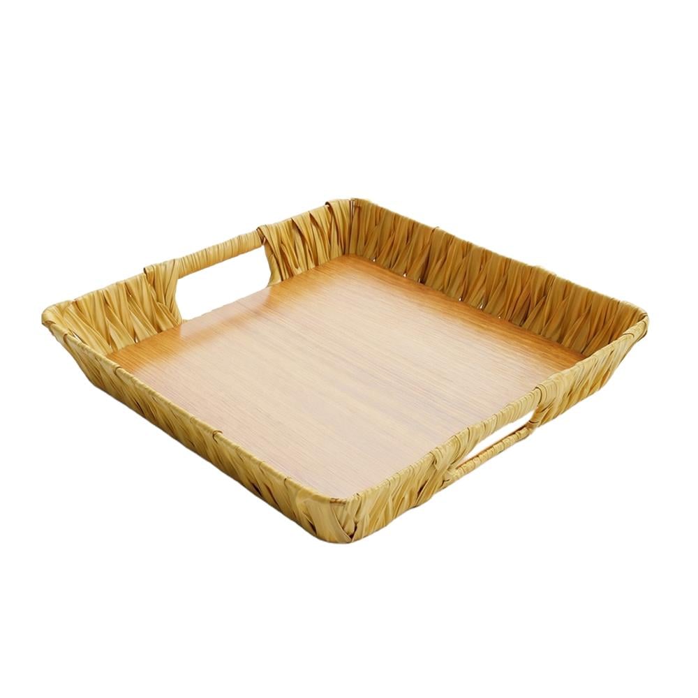 سلة بلاستيك مربع بتصميم خزفي وقاعدة خشبية