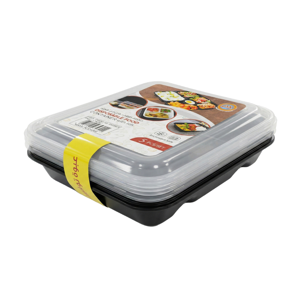 صحون مايكرويف أسود بغطاء بلاستيك مقسم – 5 حبات