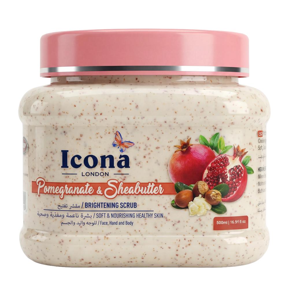 مقشر تفتيح للوجه والجسم بالرمان وزبدة الشيا من ايكونا – 500 جرام