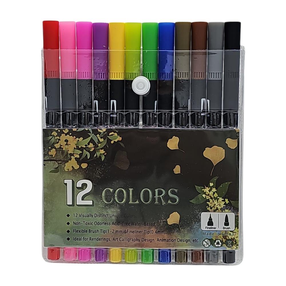 أقلام تحديد مزدوجة – 12 لون مائي  رأس فرشاة + رأس دقيق  غير سامة