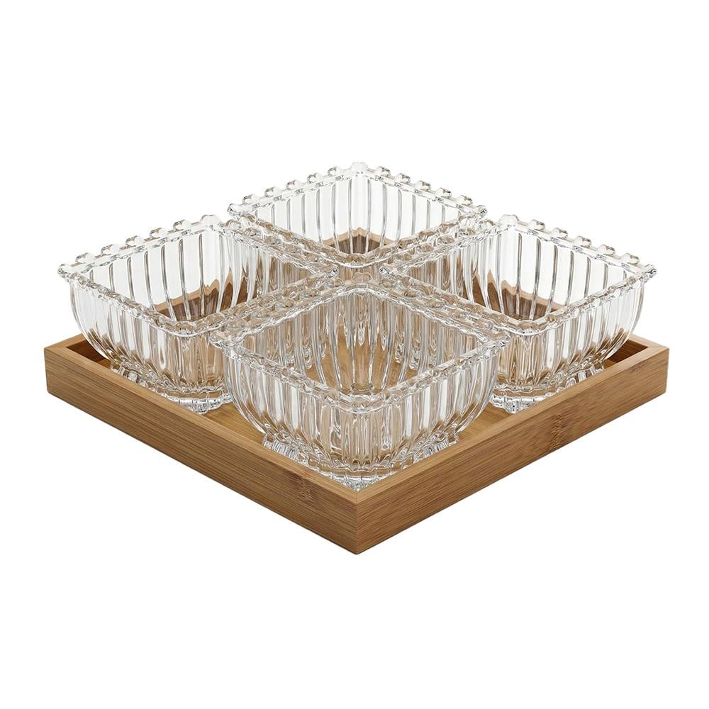 رولا طقم تقديم زبديات زجاجي مع صحن خشبي
