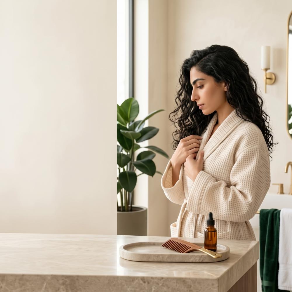 امرأة ترتدي روب في الحمام وأمامها مشط وزيت للعناية بالشعر