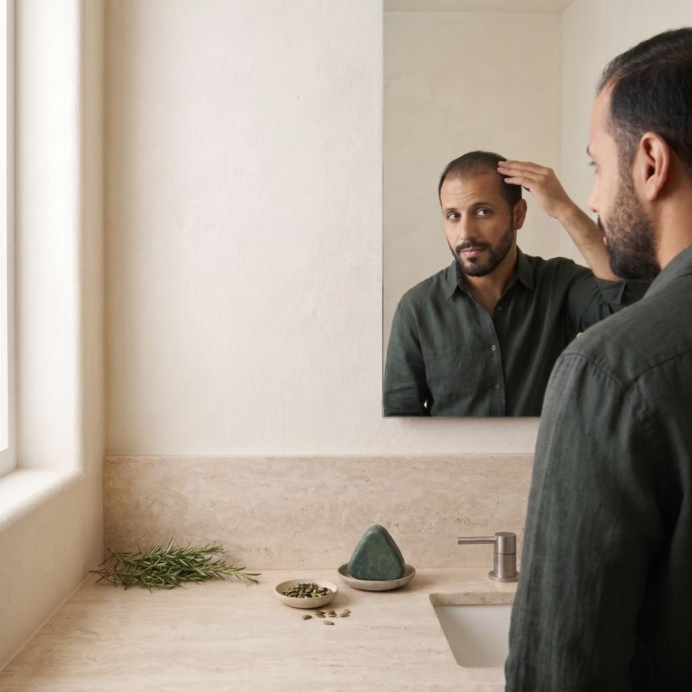 رجل يفحص خط الشعر عند مقدمة الرأس مع صابونة نورايل الخضراء المثلثة