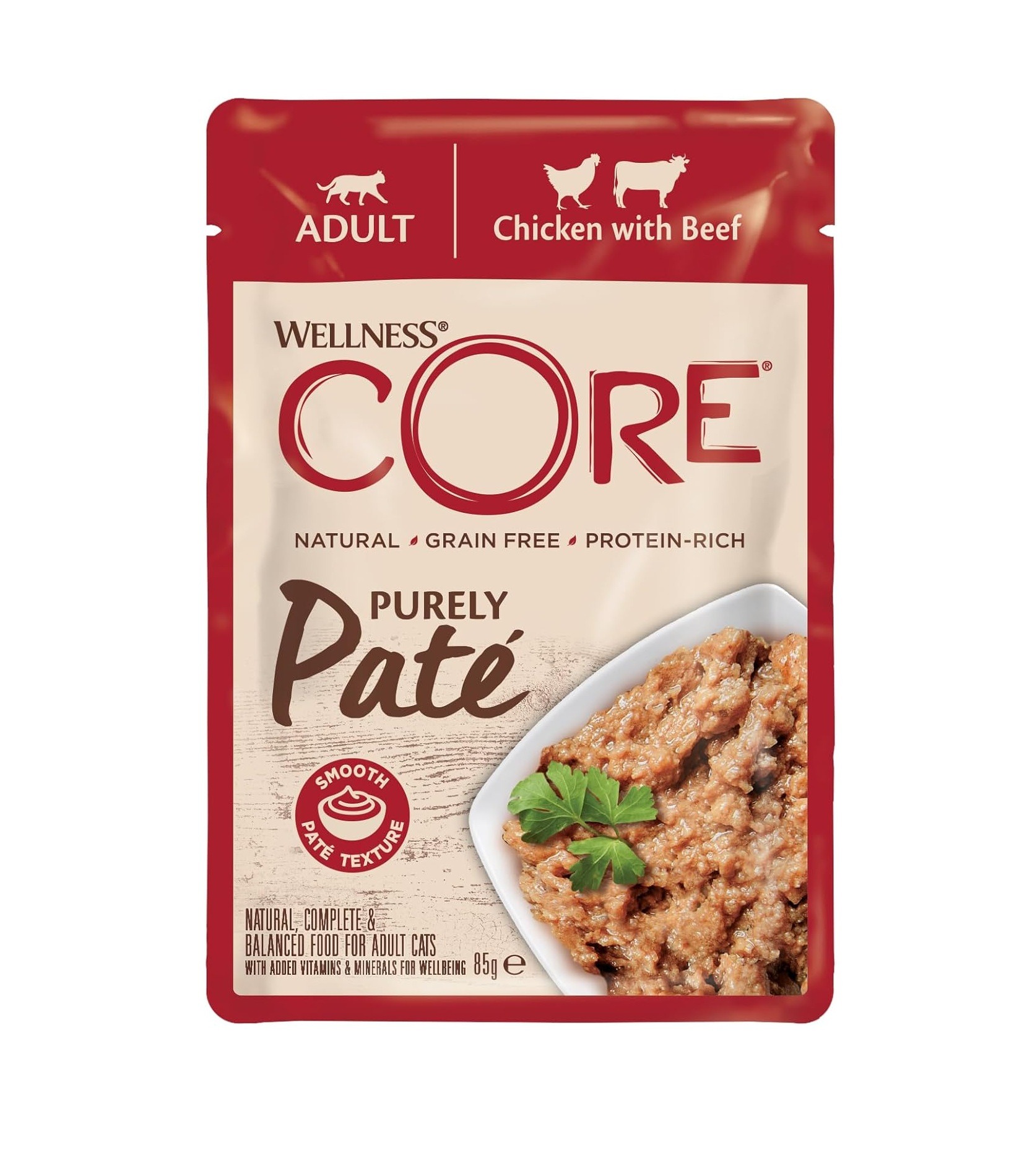 ويلنيس كور بيورلي باتيه طعام رطب بالدجاج ولحم البقر للقطط البالغة- 8 اظرف*85 جرام