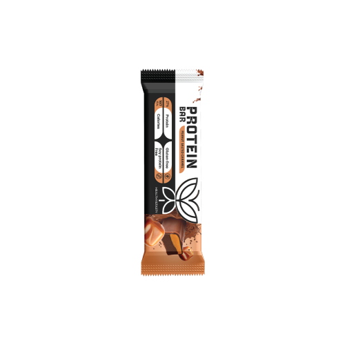 بروتين بار كرانش: بنكهه زبدة الفول السوداني و الكراميل المملح مع حشوة الكراميل ومحلي 60 غرام