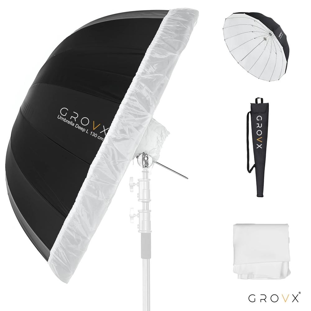 ديب أمبريلا أبيض 130 سم لارج مع المشتت Grovx UB-L 130 W | مظلة تصوير عميقة سوفت بوكس بارابوليك Deep Umbrella 130cm Large