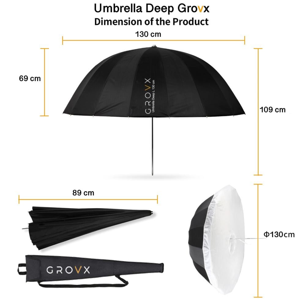 ديب أمبريلا أبيض 130 سم لارج مع المشتت Grovx UB-L 130 W | مظلة تصوير عميقة سوفت بوكس بارابوليك Deep Umbrella 130cm Large