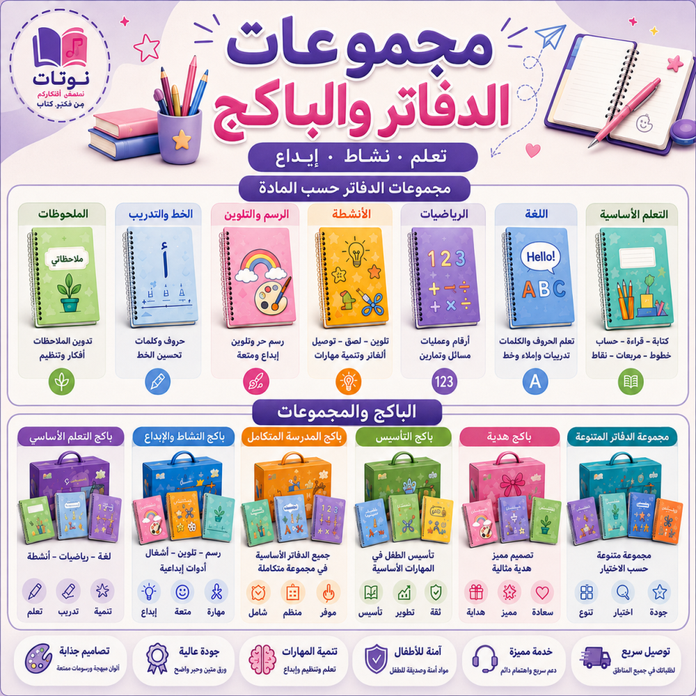 مجموعات الدفاتر والباكجات المدرسية: تجهيز متكامل وأسهل للطلاب