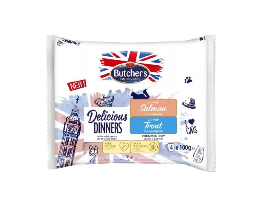 بوتشرز ديليشيز دينر طعام للقطط 2×اسماك المحيط + 2×سمك الحدوق بالجيلي 4×100جم