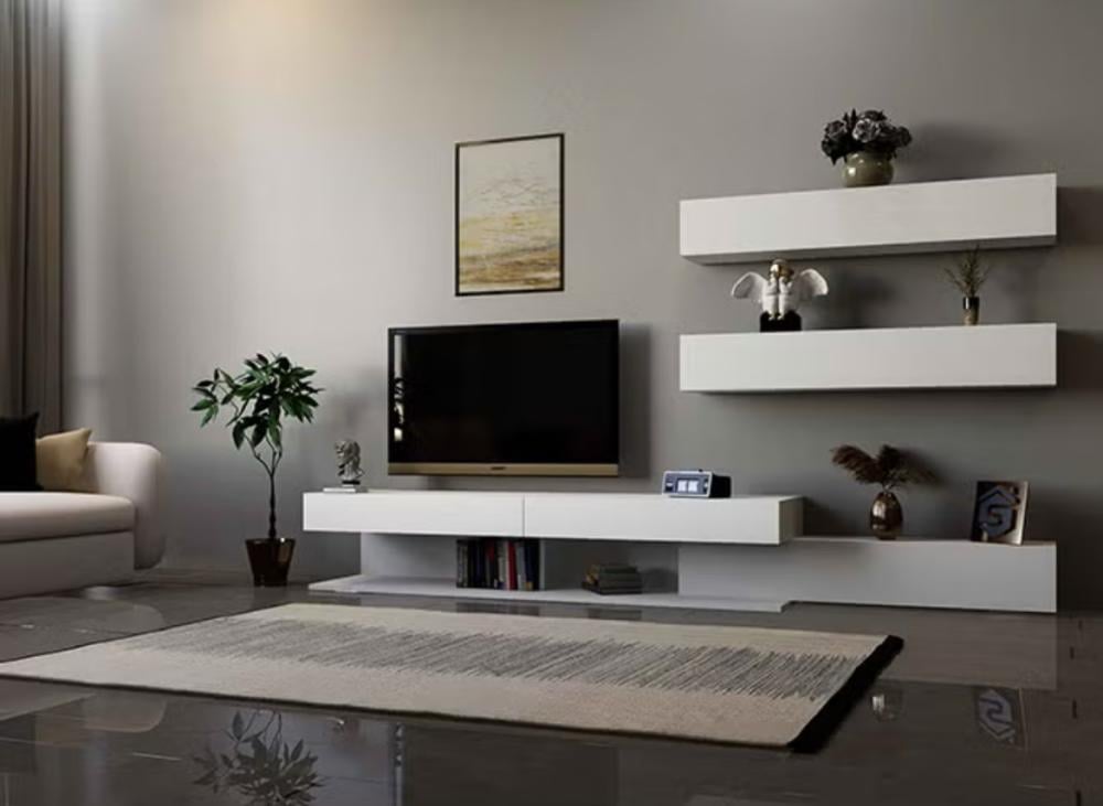 • طاولة تلفزيون ابيض مع رفوف فخمة. تصميم وصناعة سعودية بالكامل.