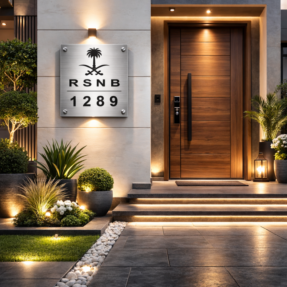 لوحة عنوان وطني فاخرة مثبتة بجانب باب منزل حديث في السعودية