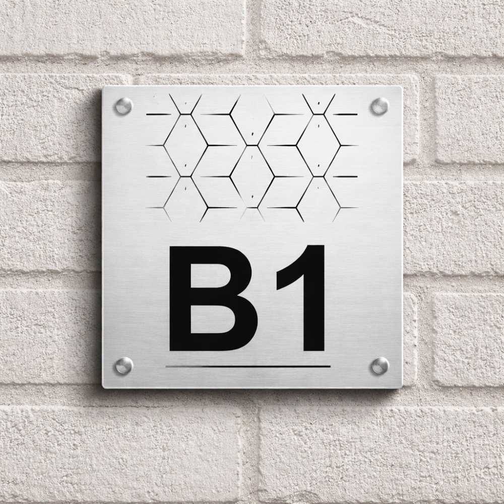 لوحة العنوان الوطني المختصر مثبتة على مدخل منزل سعودي، بخامة متينة ووا