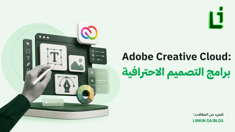 تصميم غلاف مقال عن Adobe Creative Cloud من LINKIN.SA مع تطبيقات أدوبي