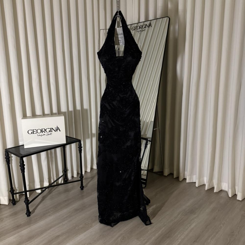 فستان سهرة اسود طويل سهرة ورود | فستان الوردة