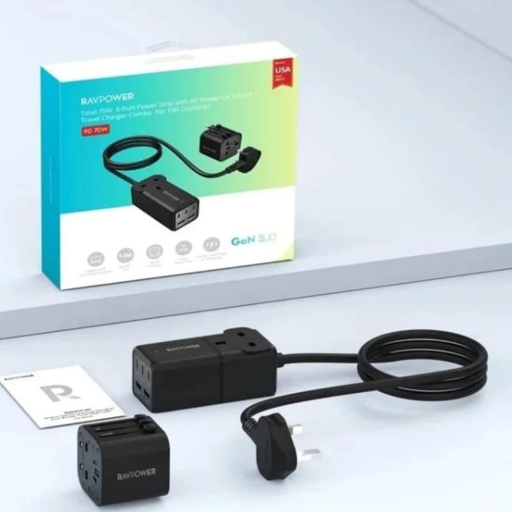 قاعدة شحن راف باور 75 واط ثلاث منافذ تايب سي ومنفذين USB ومنفذ طاقة مع فيش سفر متعدد المداخل
