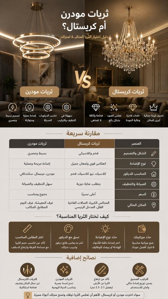 ثريات مودرن أم كريستال؟ كيف تختار الثريا المناسبة لمنزلك