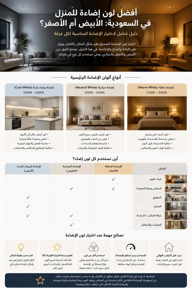 أفضل لون إضاءة للمنزل في السعودية: الأبيض أم الأصفر؟ دليل اختيار الإضاءة المناسبة لكل غرفة