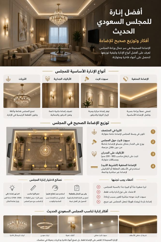 أفضل إنارة للمجلس السعودي الحديث: أفكار وتوزيع صحيح للإضاءة