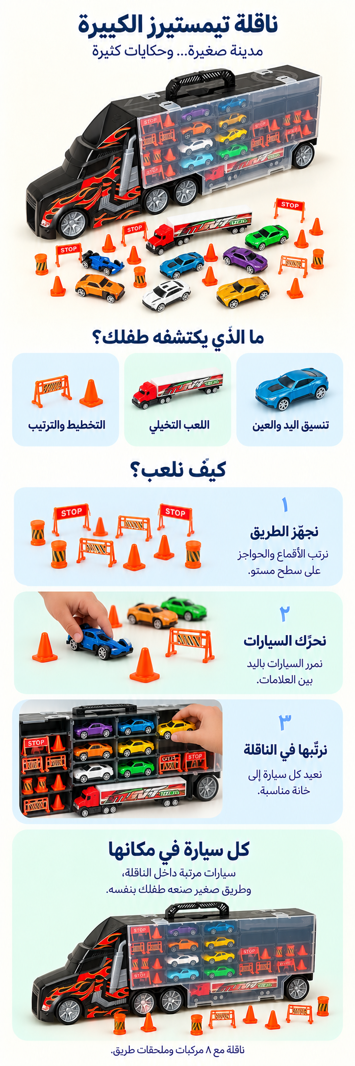 ناقلة تيمستيرز الكبيرة مع 8 سيارات: شرح مصوّر لطريقة اللعب والنتيجة