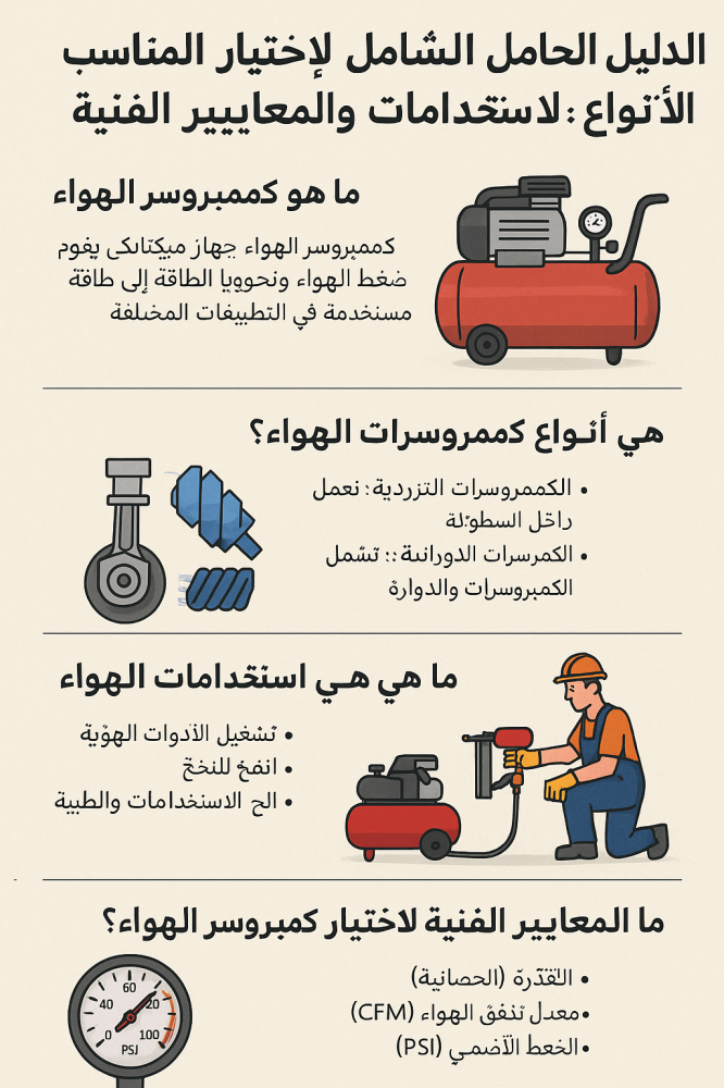 الدليل الشامل لاختيار كمبروسر الهواء المناسب: الأسئلة الشائعة حول الأنواع، الاستخدامات، والمعايير الفنية