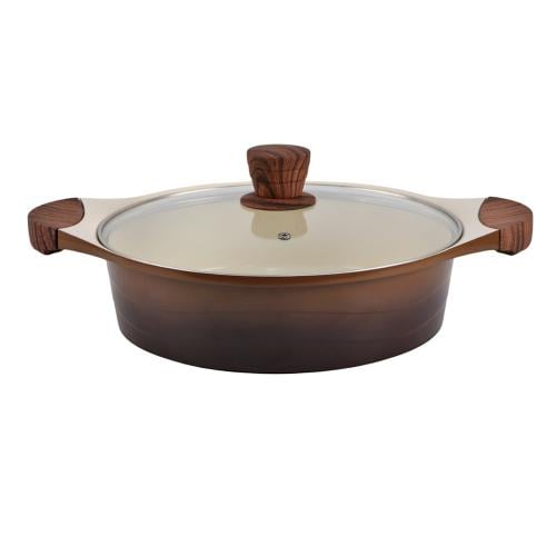 قدر  مسطح سيراميك بني بغطاء زجاج مقاس 28سم