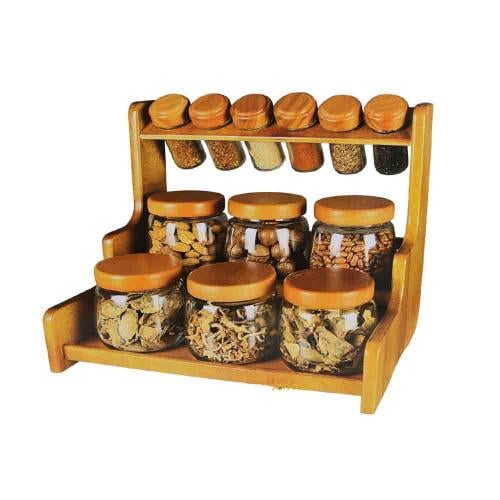 طقم علب بهارات غطاء خشب مع استاند 12 علبة