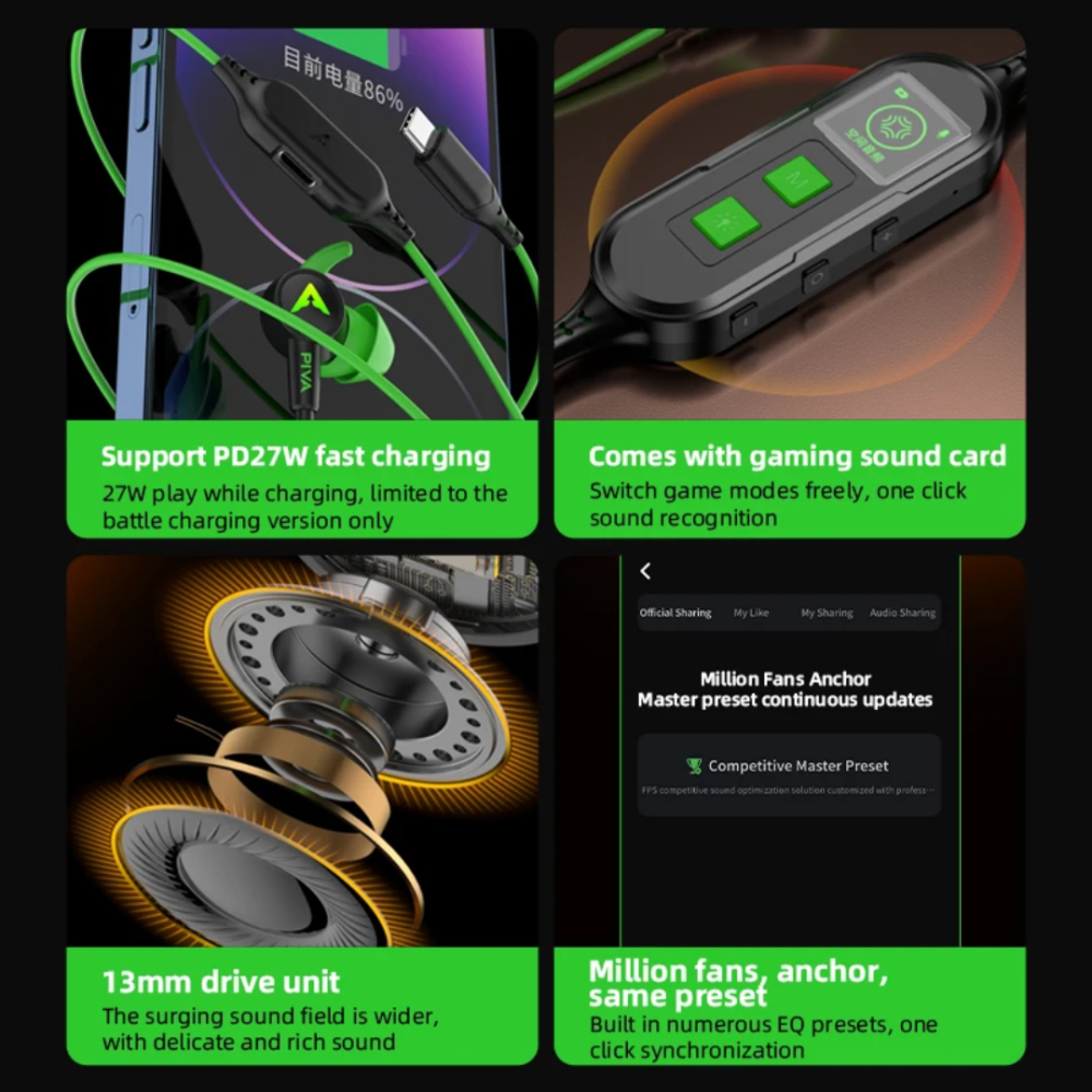 سماعة تايب سي بيفا Piva S6 pro مدمج بمنفذ شحن 27W وكرت صوت مدمجه وتطبيق وانارة RGB