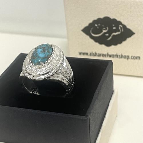 خاتم فضة رجالي بحجر فيروز نيشابوري طبيعي