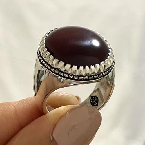 خاتم فضة رجالي بحجر عقيق كبدي يماني طبيعي