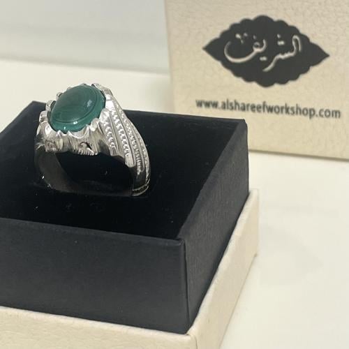 خاتم فضة رجالي بحجر ملاكايت طبيعي