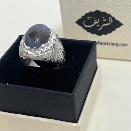 خاتم فضة رجالي بحجر عقيق يماني طبيعي