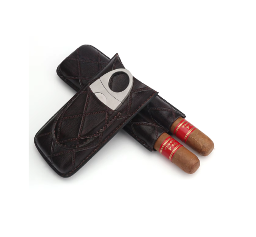 حافظة سيجار جلد ثنائي & مقص ستانلس Dual Cigar Humidor Leather & Stainless Steel Scissors