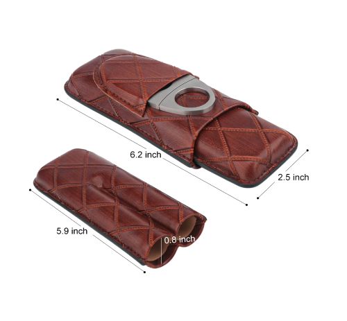 حافظة سيجار جلد بني ثنائي & مقص ستانلس Dual Cigar Humidor Brown Leather & Stainless Steel Scissors