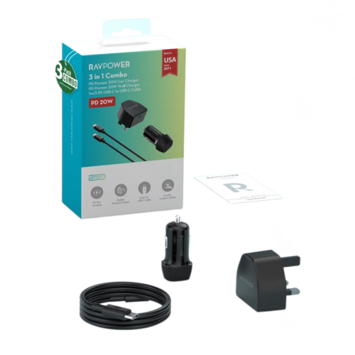 بكج راف باور شاحن سياره بايونير 49 واط بمنفذين + شاحن جداري 20 واط + كيبل تايب سي تو لايتنينق بطول 1 متر + كيبل تايب سي تو تايب سي 1 متر